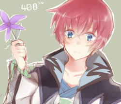 Rule 34 | 1boy, asbel lhant, blue eyes, blush, coat, flower, frills, grey background, red hair, short hair, tales of (series), tales of graces