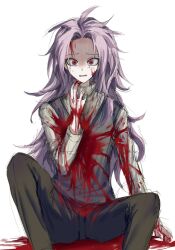 Rule 34 | 1boy, ahoge, black pants, blood, blood on clothes, blood on face, blood on hands, coe jawa, commentary request, grey vest, hatsutori hajime, highres, long hair, long sleeves, male focus, open mouth, pants, parted bangs, pink hair, red eyes, saibou shinkyoku, shaded face, sitting, sketch, solo, spoilers, sweat, sweater, turtleneck, turtleneck sweater, vest, white background, white sweater