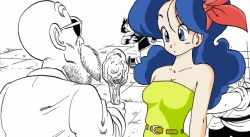 Rule 34 | !, !!, 1girl, 3boys, animated, animated gif, artist request, assisted exposure, bald, beard, blue hair, bouncing breasts, breasts, breasts out, bulging eyes, cane, clothes pull, dragon ball, dragon ball (classic), eye pop, facial hair, kuririn, looking at breasts, lunch (dragon ball), lunch (good) (dragon ball), medium breasts, multiple boys, muten roushi, old, old man, pantsing, pervert, shirt pull, spot color, strapless, sunglasses, toei animation, toriyama akira, undressing, upper body, wardrobe malfunction, yamcha