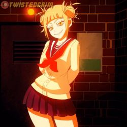 Rule 34 | 10s, 1girl, animated, animated gif, arms behind back, ass shake, blonde hair, blue skirt, blunt bangs, boku no hero academia, cardigan, curvy, double bun, fangs, grin, hair bun, hip focus, looking at viewer, messy hair, pleated skirt, school uniform, serafuku, skirt, slit pupils, smile, solo, standing, thick thighs, thighs, third-party edit, toga himiko, twistedgrim, wide hips, yellow eyes