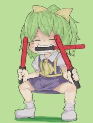 Rule 34 | 1girl, ascot, blush, bow, closed eyes, collared shirt, commentary request, cookie (touhou), daiyousei, diyusi (cookie), fighting stance, flat chest, full body, green background, green hair, grey skirt, grey vest, hair bow, high-visibility vest, high ponytail, kanakamei1, medium bangs, medium hair, mouth hold, one piece, open mouth, parody, shirt, shoes, simple background, skirt, skirt set, socks, solo, standing, touhou, traffic baton, triple wielding, v-shaped eyebrows, vest, white footwear, white shirt, white socks, yellow ascot, yellow bow