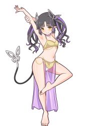 Rule 34 | 1girl, nanashi inc., alternate costume, armpits, arms up, barefoot, bikini, black hair, blush, breasts, closed mouth, commentary request, dancer, demon girl, demon horns, demon tail, full body, highres, horns, kojo anna, long hair, looking at viewer, navel, pointy ears, purple hair, robou no stone, simple background, small breasts, smile, solo, standing, standing on one leg, sugar lyric, swimsuit, tail, twintails, virtual youtuber, white background, yellow bikini, yellow eyes