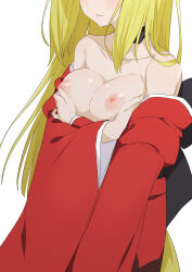 Rule 34 | 1girl, blonde hair, breasts, cleavage, commentary request, dungeon ni deai wo motomeru no wa machigatteiru darou ka, head out of frame, highres, japanese clothes, kimono, large breasts, long hair, morisobo, nipples, paid reward available, red kimono, sanjouno haruhime, simple background, solo, very long hair, white background