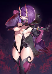 Rule 34 | 1girl, blood, bob cut, breasts, choker, cleft of venus, detached sleeves, face mask, fangs, fate/grand order, fate (series), gloves, highres, horns, jingb dx, katana, latex, latex gloves, leotard, makeup, mascara, mask, medium breasts, nipples, oni, partially visible vulva, purple eyes, purple hair, revealing clothes, sack, short hair, shuten douji (fate), skin-covered horns, sword, thick thighs, thighs, weapon, wide hips