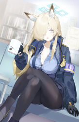 Rule 34 | 1girl, absurdres, animal ear fluff, animal ears, armband, bags under eyes, black gloves, black pantyhose, blonde hair, blue archive, blue eyes, blue jacket, blue shirt, blue sky, blush, bookshelf, boots, breasts, cleavage, collared shirt, couch, crossed legs, cup, dog ears, extra ears, foot out of frame, gloves, hair over one eye, highres, holding, holding cup, indoors, jacket, kanna (blue archive), large breasts, legs, long hair, long sleeves, looking at viewer, miniskirt, necktie, notched ear, open clothes, open jacket, open mouth, pantyhose, paper, partially unbuttoned, police badge, sharp teeth, shirt, sidelocks, sitting, skirt, sky, solo, steam, teeth, undone necktie, yanyo (ogino atsuki)