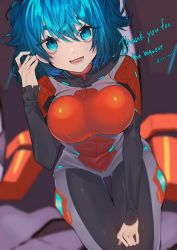 Rule 34 | absurdres, aria rin, bags under eyes, blue eyes, blue hair, breasts, commission, eto 999, highres, indie virtual youtuber, large breasts, mecha pilot, original, plugsuit, short hair, skeb commission, smile, thick eyebrows, thighs, virtual youtuber
