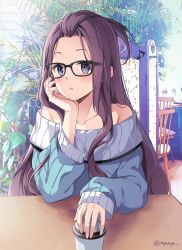 1girl, bare shoulders, black-framed eyewear, blue eyes, blue sweater, blush, brown hair, chair, coffee cup, commentary request, cup, disposable cup, eighth note, forehead, glasses, hand up, highres, indoors, kagamihara sakura, long hair, long sleeves, musical note, nyanya, off-shoulder sweater, off shoulder, parted lips, sleeves past wrists, solo, sweater, table, twitter username, upper body, very long hair, yurucamp