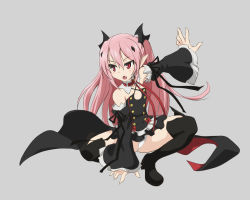 Rule 34 | 1girl, blush, boots, cape, fang, flat chest, grey background, groin, krul tepes, miniskirt, open mouth, ouhashi, owari no seraph, panties, pink hair, pointy ears, red eyes, simple background, skirt, solo, thigh boots, thighhighs, twintails, two side up, underwear, white panties