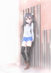 Rule 34 | 1girl, against wall, arms behind back, black eyes, black hair, black thighhighs, blue shorts, blush, boots, breasts, brown footwear, commentary request, day, expressionless, full body, hair between eyes, hair bobbles, hair ornament, highres, jewelry, leaning, lens flare, long hair, looking at viewer, mitani kanae, necklace, outdoors, shirt, shirt under shirt, shorts, signature, sleeves past wrists, small breasts, solo, standing, striped clothes, striped shirt, tamayura, thighhighs, tile floor, tiles, twitter username, two side up, white shirt, yuraku (mhmu3425)