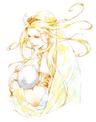 Rule 34 | 1girl, armlet, blonde hair, bracelet, closed eyes, cosmos (dff), dissidia final fantasy, dress, earrings, final fantasy, holding baby, jewelry, long hair, mother and child, nanami (fuku), parted bangs, smile, tiara, upper body, veil, white background, white dress, white hair