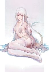 Rule 34 | 1girl, absurdres, arm support, artist name, au ra, au ra raen, breasts, commentary, dragon horns, final fantasy, final fantasy xiv, full body, hair censor, highres, horns, long hair, no shoes, nude, parted lips, red eyes, scales, sitting, small breasts, solo, tail, thighhighs, very long hair, warrior of light (ff14), white hair, white thighhighs, wudiyishileiyu