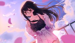 Rule 34 | 1girl, black-framed eyewear, black camisole, black hair, blue sky, blush, brown hair, camisole, cheli (kso1564), cloud, collarbone, commentary, commission, day, glasses, hands up, highres, jacket, long hair, long sleeves, looking at viewer, nail polish, off shoulder, open clothes, open jacket, original, outdoors, petals, pleated skirt, purple nails, railing, semi-rimless eyewear, skirt, sky, sleeves past wrists, solo, under-rim eyewear, very long hair, white jacket, white skirt