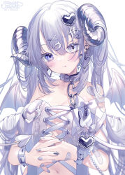 Rule 34 | 1girl, artist name, bandaid, bandaid on arm, bandaid on hand, bandaid on shoulder, beads, blue eyes, blush, breasts, center frills, cleavage, collar, collarbone, commentary request, cross-laced clothes, cross-laced top, curled horns, demon horns, demon tail, demon wings, diamond-shaped pupils, diamond (shape), earrings, frills, grey horns, hair between eyes, hair flowing over, hair on horn, hair ornament, heart, heart earrings, heart hair ornament, heterochromia, highres, horns, jewelry, kanji hair ornament, large breasts, long hair, looking at viewer, nail art, navel, original, own hands together, parted lips, sakurato remi, sideboob, signature, simple background, solo, straight hair, symbol-shaped pupils, tail, tail raised, translation request, twitter username, upper body, white background, white collar, white eyes, white hair, white nails, white tail, white theme, white wings, wings, wrist belt, x hair ornament