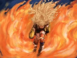 Rule 34 | 1girl, black gloves, black tank top, blonde hair, boots, breasts, cleavage, commentary, english commentary, facing viewer, fingerless gloves, fire, frolicdragold, full body, gloves, head down, highres, jacket, knee boots, long hair, running, rwby, shorts, single thighhigh, solo, standing, tank top, thighhighs, very long hair, yang xiao long