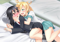 Rule 34 | 10s, 2girls, abukuma (kancolle), black hair, blonde hair, blush, commentary request, futon, green eyes, hand on another&#039;s face, hatsushimo (kancolle), kantai collection, lying, multiple girls, one eye closed, open mouth, pillow, red eyes, skirt, smile, yuri, zaki (2872849)