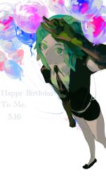 Rule 34 | 1other, absurdres, androgynous, aqua eyes, aqua hair, arm up, balloon, belt, birthday, black gloves, black shirt, collared shirt, colored eyelashes, colored skin, cropped legs, dated, elbow gloves, english text, from above, gem uniform (houseki no kuni), gloves, green eyes, green hair, happy birthday, highres, holding, holding balloon, houseki no kuni, loafers, looking up, necktie, other focus, parted bangs, phosphophyllite, phosphophyllite (ll), puffy short sleeves, puffy sleeves, shirt, shoes, short hair, short jumpsuit, short shorts, short sleeves, shorts, smile, solo, standing, v, white belt, white skin, zjpf7435
