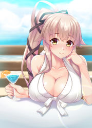 Rule 34 | 1girl, absurdres, bikini, blue sky, breasts, cleavage, cloud, cocktail, cocktail glass, cup, day, drinking glass, front-tie bikini top, front-tie top, hair flaps, hair ribbon, highres, holding, holding cup, kantai collection, large breasts, long hair, outdoors, pink hair, ponytail, ribbon, ruin re birth, sky, solo, swimsuit, very long hair, white bikini, yellow eyes, yura (kancolle)