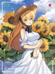 Rule 34 | 1girl, :d, artist name, bad id, bad pixiv id, blue eyes, blue sky, blush, camera phone, cellphone, cloud, day, dress, flower, hat, highres, open mouth, original, outdoors, phone, recording, risem, sky, smile, solo, standing, sun hat, sunflower, white dress