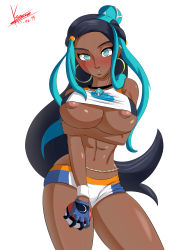 Rule 34 | 1girl, absurdres, aqua eyes, aqua hair, areola slip, bare arms, bare legs, bare shoulders, black hair, blue gloves, blush, breast hold, breasts, creatures (company), dark-skinned female, dark skin, dated, earrings, embarrassed, female focus, floating hair, game freak, gloves, gym leader, hair ornament, highres, holding, holding poke ball, hoop earrings, jewelry, karuro-kun, large breasts, legs, long hair, looking at viewer, midriff, multicolored hair, navel, neck, necklace, nessa (pokemon), nintendo, parted lips, poke ball, pokemon, pokemon swsh, simple background, single glove, solo, spread legs, standing, underboob, white background, wristband
