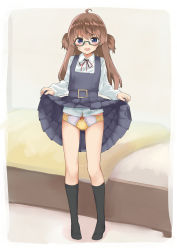 Rule 34 | 1girl, ahoge, amemiya sekira, bed, black socks, blue dress, blush, bow, bow panties, brown hair, clothes lift, collared shirt, commentary request, dress, dress lift, dress shirt, embarrassed, green-framed eyewear, hair between eyes, highres, kneehighs, lifted by self, long hair, long sleeves, looking at viewer, neck ribbon, no shoes, open mouth, original, panties, pinafore dress, pleated dress, polka dot, polka dot panties, purple eyes, red ribbon, ribbon, sekira ame, semi-rimless eyewear, shirt, sleeveless dress, socks, solo, standing, sweat, two side up, under-rim eyewear, underwear, very long hair, white shirt, yellow panties