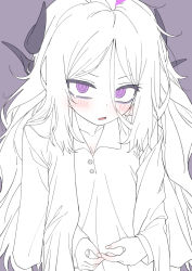 Rule 34 | 1girl, black horns, blue archive, blush, buttons, hair between eyes, highres, hina (blue archive), hina (pajamas) (blue archive), horns, korean commentary, limited palette, long hair, looking at viewer, multiple horns, nakta, parted lips, purple background, purple eyes, shirt, shirt on shoulders, simple background, solo, tears