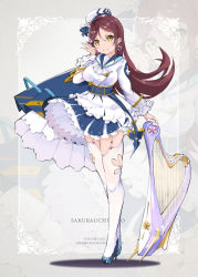 Rule 34 | 1girl, arm up, blouse, blue cape, blue footwear, blue skirt, blush, breasts, cape, character name, closed mouth, earrings, flower earrings, frill trim, frilled skirt, frills, garter straps, harp, hat, heart, high heels, highres, instrument, jewelry, long hair, long sleeves, looking at viewer, love live!, love live! school idol festival, love live! sunshine!!, medium breasts, qianqian, red hair, sakurauchi riko, shirt, skindentation, skirt, smile, thighhighs, white headwear, white thighhighs, yellow eyes