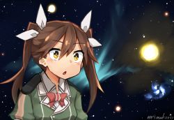 Rule 34 | 10s, 1girl, :o, bow, bowtie, brown hair, collared shirt, glowing, green jacket, hair between eyes, hair ribbon, jacket, kantai collection, meme, open mouth, red bow, red bowtie, ribbon, rimukoro, shirt, solo, space, space cat (meme), tone (kancolle), triangle mouth, twitter username, upper body, white ribbon, white shirt, yellow eyes
