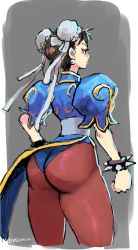 Rule 34 | 1girl, arm at side, artist name, ass, black hair, blue dress, blue panties, bracelet, brown pantyhose, bun cover, capcom, china dress, chinese clothes, chun-li, clenched hand, closed mouth, cowboy shot, cropped legs, double bun, dreaminerryday, dress, earrings, from behind, gold trim, grey background, hair bun, hand on own hip, jewelry, looking away, panties, panties over pantyhose, pantyhose, pelvic curtain, profile, puffy short sleeves, puffy sleeves, sash, short hair, short sleeves, side slit, sketch, solo, spiked bracelet, spikes, standing, street fighter, street fighter ii (series), thick thighs, thighs, underwear, white background, white sash