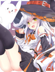 Rule 34 | 1girl, :d, animal ears, ass, asymmetrical sleeves, bare shoulders, black hat, black skirt, black sleeves, black thighhighs, blush, cat ears, commentary request, detached sleeves, fang, frilled sleeves, frills, hair between eyes, hand on headwear, hand up, hat, head tilt, highres, kouda suzu, long hair, long sleeves, looking at viewer, mismatched sleeves, open mouth, original, pleated skirt, shirt, sitting, skirt, sleeveless, sleeveless shirt, sleeves past wrists, smile, solo, thighhighs, very long hair, white shirt, white sleeves, wide sleeves, witch hat, yellow eyes
