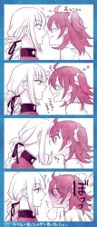 Rule 34 | 2girls, ?, ahoge, blush, braid, closed eyes, commentary request, facing another, fate/grand order, fate (series), florence nightingale (fate), from side, fujimaru ritsuka (female), full-face blush, grin, hair between eyes, hair ornament, hair ribbon, hair scrunchie, heart, kiss, looking at another, multiple girls, noses touching, open mouth, partially colored, profile, ribbon, scrunchie, side ponytail, smile, steam, sweat, translation request, upper body, yagiuma (tsurupica), yuri