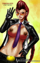 Rule 34 | 1girl, between breasts, braid, breasts, capcom, crimson viper, dark skin, dark-skinned female, earrings, gloves, jacket, jewelry, large breasts, leather, long hair, midriff, necktie, open clothes, open shirt, pompadour, red hair, shirt, smirk, solo, street fighter, street fighter iv (series), sunglasses, watermark