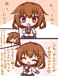 Rule 34 | 1girl, :d, :o, ^ ^, black skirt, blush, blush stickers, brown eyes, brown hair, chibi, closed eyes, comic, commentary request, fang, hair between eyes, hair ornament, hairclip, ikazuchi (kancolle), kantai collection, komakoma (magicaltale), neckerchief, open mouth, pleated skirt, red neckerchief, school uniform, serafuku, shirt, skirt, smile, translation request, white shirt