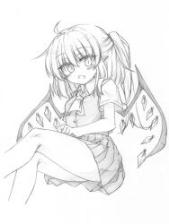 Rule 34 | 1girl, ascot, bare legs, breasts, buttons, fang, feet out of frame, flandre scarlet, graphite (medium), greyscale, head tilt, highres, looking at viewer, marukyuu ameya, monochrome, no headwear, open mouth, pleated skirt, pointy ears, shirt, short sleeves, sketch, skin fang, skirt, small breasts, solo, touhou, traditional media, vest, wings