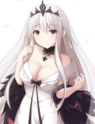 Rule 34 | 1girl, bare shoulders, black collar, blush, breasts, bridal veil, cleavage, closed mouth, collar, collarbone, commentary request, cross, dress, girls&#039; frontline, grey hair, hair between eyes, hair ribbon, highres, iron cross, jewelry, kar98k (girls&#039; frontline), kar98k (purity in vermilion) (girls&#039; frontline), keenh, long hair, looking at viewer, medium breasts, off-shoulder dress, off shoulder, official alternate costume, petals, red eyes, ribbon, ring, see-through, signature, simple background, smile, solo, tiara, veil, very long hair, wedding band, wedding dress, white background, white dress, white ribbon