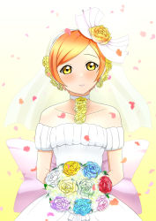 Rule 34 | 1girl, absurdres, artist name, artist request, back bow, bare shoulders, bouquet, bow, breasts, cherry blossoms, choker, cleavage, collarbone, dress, earrings, female focus, flower, gloves, green eyes, hair between eyes, hair flower, hair ornament, highres, holding, holding bouquet, hoshizora rin, jewelry, looking at viewer, love live!, love live! school idol festival, love live! school idol project, love wing bell, love wing bell (love live!), miniskirt, orange flower, orange hair, parted lips, petals, pink bow, pink skirt, plaid, plaid dress, plaid skirt, pleated, pleated dress, pleated skirt, pom pom (clothes), pom pom hair ornament, short dress, short hair, skirt, sleeveless, sleeveless dress, small breasts, smile, solo, strapless, strapless dress, teeth, veil, wedding dress, white choker, white dress, white gloves, white skirt, white veil, white wrist cuffs, wrist cuffs, yellow eyes, yellow flower