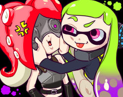 Rule 34 | 2girls, :o, :p, agent 3 (splatoon), anger vein, armor, bad id, bad pixiv id, belt, black background, black gloves, breastplate, gloves, goggles, gradient hair, green hair, hands on another&#039;s cheeks, hands on another&#039;s face, headgear, inkling, inkling girl, inkling player character, kabyu, long hair, long sleeves, mask, multicolored hair, multiple girls, nintendo, open mouth, purple eyes, purple hair, red hair, simple background, smile, splatoon (series), splatoon 1, squidbeak splatoon, takozonesu, tongue, tongue out, uneven eyes, upper body