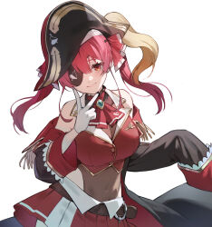 Rule 34 | 1girl, arrow through heart, ascot, bicorne, black coat, black hat, breasts, choker, coat, covered navel, cropped jacket, eyepatch, frilled choker, frills, gloves, hair ribbon, hat, highres, hololive, houshou marine, houshou marine (1st costume), jacket, large breasts, leather belt, leotard, leotard under clothes, long hair, n2 00345, pirate, pirate hat, red ascot, red coat, red eyes, red hair, red jacket, red ribbon, red skirt, ribbon, see-through, see-through leotard, simple background, skirt, sleeveless, sleeveless jacket, solo, twintails, two-sided coat, two-sided fabric, v, virtual youtuber, white background, white gloves