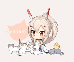 Rule 34 | 1girl, animal, ayanami (azur lane), azur lane, bandaid, bandaid on arm, bird, blue sailor collar, blue skirt, blush, brown background, cat, character name, chibi, chick, commentary request, hair between eyes, hair ornament, headgear, high ponytail, holding, holding animal, holding cat, light brown hair, long hair, long sleeves, no shoes, parted lips, pleated skirt, red eyes, sailor collar, school uniform, serafuku, shirt, sidelocks, sitting, skirt, solo, sweat, thighhighs, very long hair, wariza, white shirt, white thighhighs, wide sleeves, yada (xxxadaman)