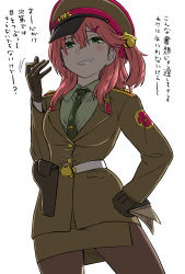Rule 34 | belt, between breasts, breasts, commentary request, gloves, green eyes, hair between eyes, hair ornament, hairclip, hat, highres, hololive, holstered, looking at viewer, medium hair, military, military hat, military uniform, necktie, pantyhose, papers please, sabaku, sakura miko, simple background, solo, translation request, uniform, virtual youtuber, white background