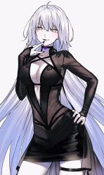 Rule 34 | 1girl, ahoge, alternate costume, black dress, black nails, breasts, choker, cleavage, cleavage cutout, clothing cutout, collarbone, commentary request, cowboy shot, dress, fate/grand order, fate (series), flower, formal, hair between eyes, hand on own hip, hand on own face, highres, jeanne d&#039;arc (fate), jeanne d&#039;arc alter (avenger) (fate), jeanne d&#039;arc alter (fate), large breasts, long hair, looking at viewer, nail, nail polish, nipi27, short dress, silver hair, simple background, smile, solo, tongue, tongue out, very long hair, yellow eyes