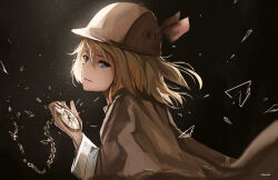 Rule 34 | 1girl, absurdres, advarcher, blonde hair, blue eyes, bob cut, brown capelet, brown hat, capelet, commentary, deerstalker, expressionless, from side, hat, highres, holding, holding pocket watch, hololive, hololive english, long sleeves, looking at viewer, medium hair, parted lips, pocket watch, solo, upper body, virtual youtuber, watch, watson amelia, watson amelia (1st costume)
