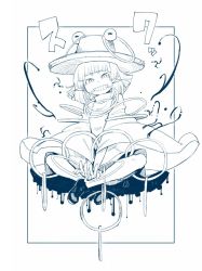 Rule 34 | 1girl, border, commentary request, daitai konna kanji, full body, greyscale, grin, hair ribbon, hat, highres, hoop, indian style, long sleeves, looking at viewer, medium hair, monochrome, moriya&#039;s iron rings, moriya suwako, mouth hold, ribbon, shoes, simple background, sitting, smile, solo, teeth hold, too many, touhou, turtleneck, white background, wide sleeves