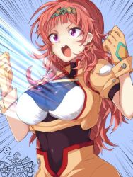 Rule 34 | 1girl, breasts, charlotte hasting, earrings, emphasis lines, gloves, grungust ichishiki, impossible clothes, jewelry, light rays, long hair, medium breasts, necklace, open mouth, pink eyes, purple eyes, red hair, simple background, solo focus, speech bubble, spoken ellipsis, super robot wars, super robot wars v, takemura makoto (hakushikei)