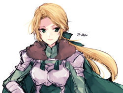 Rule 34 | 1girl, armor, bad id, bad twitter id, blonde hair, cape, closed mouth, fire emblem, fire emblem: three houses, green cape, green eyes, ingrid brandl galatea, long hair, naho (pi988y), nintendo, simple background, solo, twitter username, upper body, white background