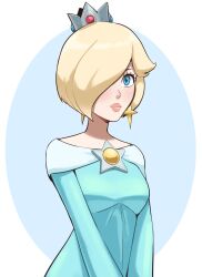 Rule 34 | 1girl, alternate hair length, alternate hairstyle, blue dress, blue eyes, blush, breasts, crown, dress, earrings, francisco mon, hair over one eye, highres, jewelry, light smile, looking ahead, mario (series), medium breasts, nintendo, off-shoulder dress, off shoulder, one eye covered, pink lips, rosalina, short hair, solo, star (symbol), super mario galaxy, thick lips, upper body