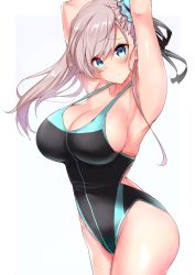 Rule 34 | 1girl, armpits, arms up, asymmetrical hair, bare shoulders, black one-piece swimsuit, black ribbon, blue eyes, blush, border, breasts, bun cover, cleavage, closed mouth, collarbone, competition swimsuit, cowboy shot, fate/grand order, fate (series), from side, grey background, hair between eyes, hair bun, hair ribbon, highleg, highleg swimsuit, highres, large breasts, long hair, looking at viewer, miyamoto musashi (fate), miyamoto musashi (fate/grand order), miyamoto musashi (swimsuit berserker) (fate), miyamoto musashi (swimsuit berserker) (first ascension) (fate), one-piece swimsuit, pink hair, ribbon, sankakusui, side bun, simple background, single side bun, smile, solo, standing, swept bangs, swimsuit, white border