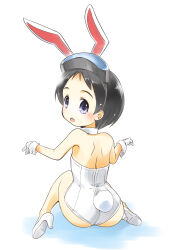 Rule 34 | 1girl, animal ears, black hair, brown eyes, detached collar, diving mask, diving mask on head, from behind, gloves, goggles, goggles on head, high heels, highres, kantai collection, leotard, looking at viewer, looking back, maru-yu (kancolle), parted bangs, playboy bunny, rabbit ears, rabbit tail, short hair, simple background, sitting, solo, strapless, strapless leotard, tail, taisinkoku, wariza, white background, white footwear, white gloves, white leotard, wrist cuffs