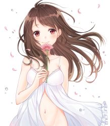 Rule 34 | 1girl, arm behind back, babydoll, bad id, bad pixiv id, bare shoulders, breasts, brown eyes, brown hair, closed mouth, collarbone, flower, hand up, holding, holding flower, long hair, looking at viewer, medium breasts, navel, no panties, original, oto (8731832), petals, pink eyes, pink flower, simple background, smile, solo, swept bangs, upper body, water drop, white babydoll, white background