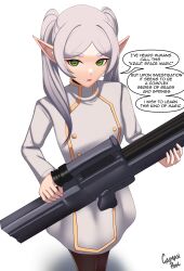 Rule 34 | 1girl, absurdres, assault rifle, bullpup, caiman pool, caseless firearm, commentary, elf, english commentary, english text, frieren, green eyes, gun, h&amp;k g11, highres, looking at viewer, looking up, pointy ears, rifle, signature, solo, sousou no frieren, turtleneck, twintails, weapon, white background, white hair