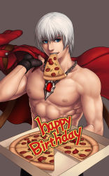 Rule 34 | 1boy, abs, absurdres, blue eyes, chain necklace, dante (devil may cry), devil may cry, devil may cry (series), devil may cry 3, fingerless gloves, food, gloves, happy birthday, highres, jacket, jacket over shoulder, unworn jacket, kiazee, male focus, mouth hold, muscular, necklace, pizza, pizza box, pizza slice, silver hair, solo, topless male